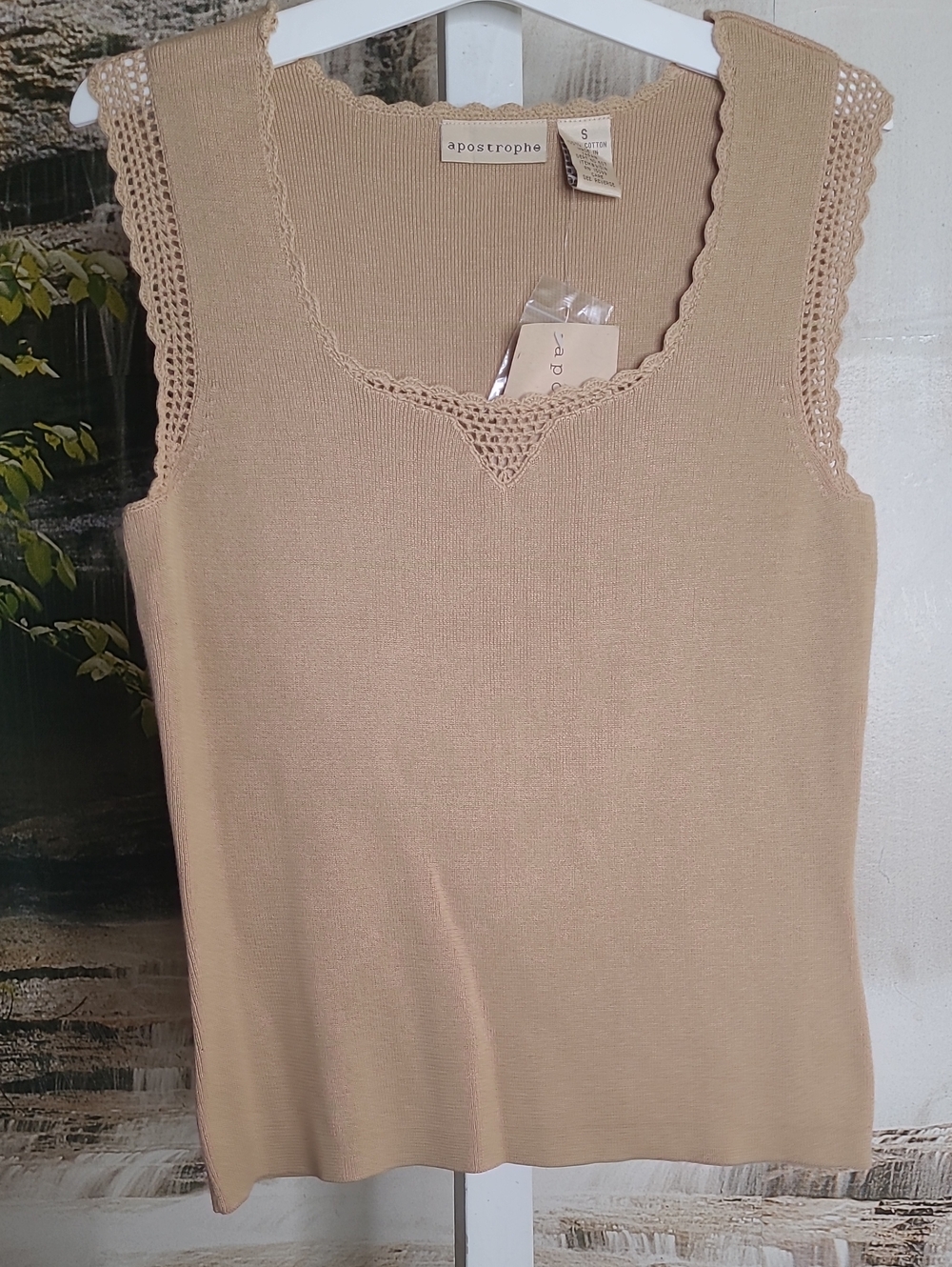New! Apostrophe Womens Small Tan Soft Sleeveless Knit Tank Crochet Trim